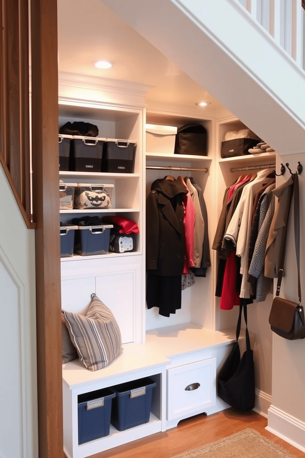 A cozy seasonal clothing rotation space designed under a staircase, featuring built-in shelves and hanging rods for easy access. Soft, warm lighting illuminates the area, highlighting neatly organized bins for off-season clothing and accessories. The walls are painted in a light neutral color to create an airy feel, while a small bench with storage underneath provides a practical seating area. Decorative hooks line the side for bags and hats, adding functionality to this charming nook.