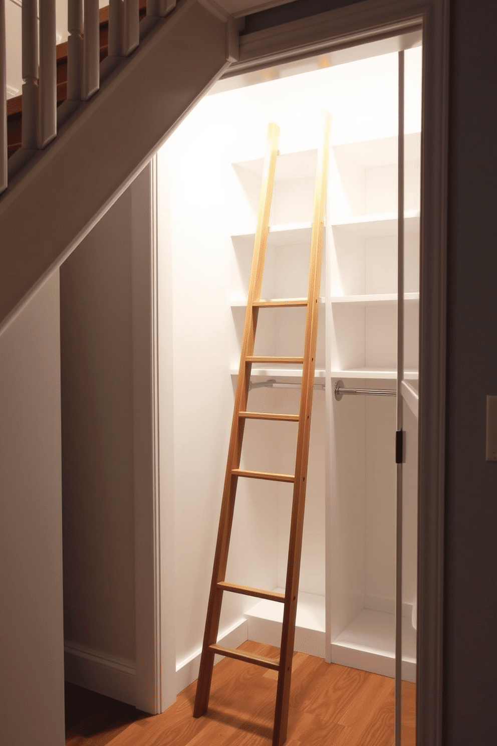 A cozy small closet design under the staircase features a sleek wooden ladder leaning against the wall, providing access to high shelves. The closet is painted in a soft white hue, with built-in storage solutions that maximize space and keep the area organized.