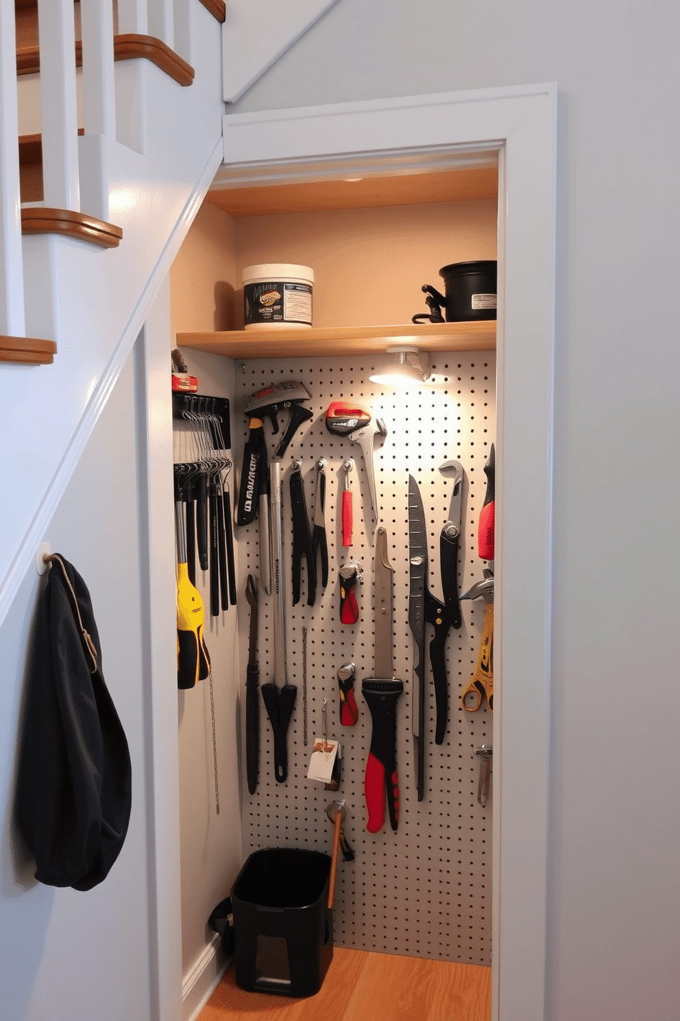 A functional small closet under the staircase features a stylish pegboard on the back wall for organized tool storage, showcasing a variety of neatly arranged tools and accessories. The closet is painted in a soft gray hue, with wooden shelves above the pegboard for additional storage, and a warm light illuminates the space, enhancing its practicality and charm.