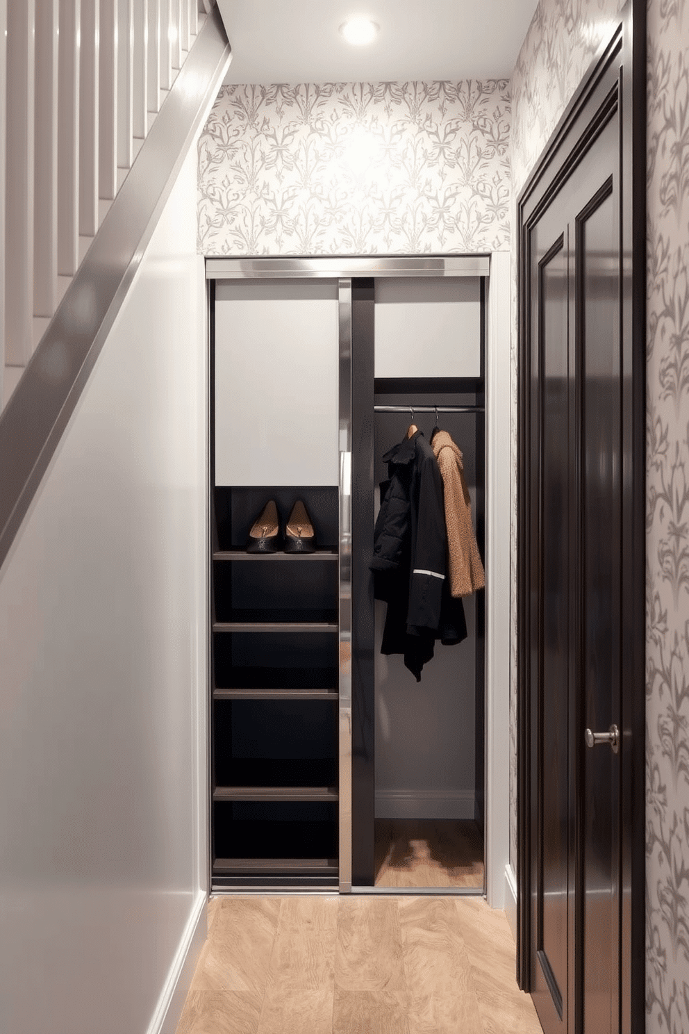 A stylish small closet under the staircase features decorative wallpaper with a subtle floral pattern, adding a touch of elegance to the space. The closet is fitted with custom shelving and a sleek sliding door, maximizing storage while maintaining a chic aesthetic.