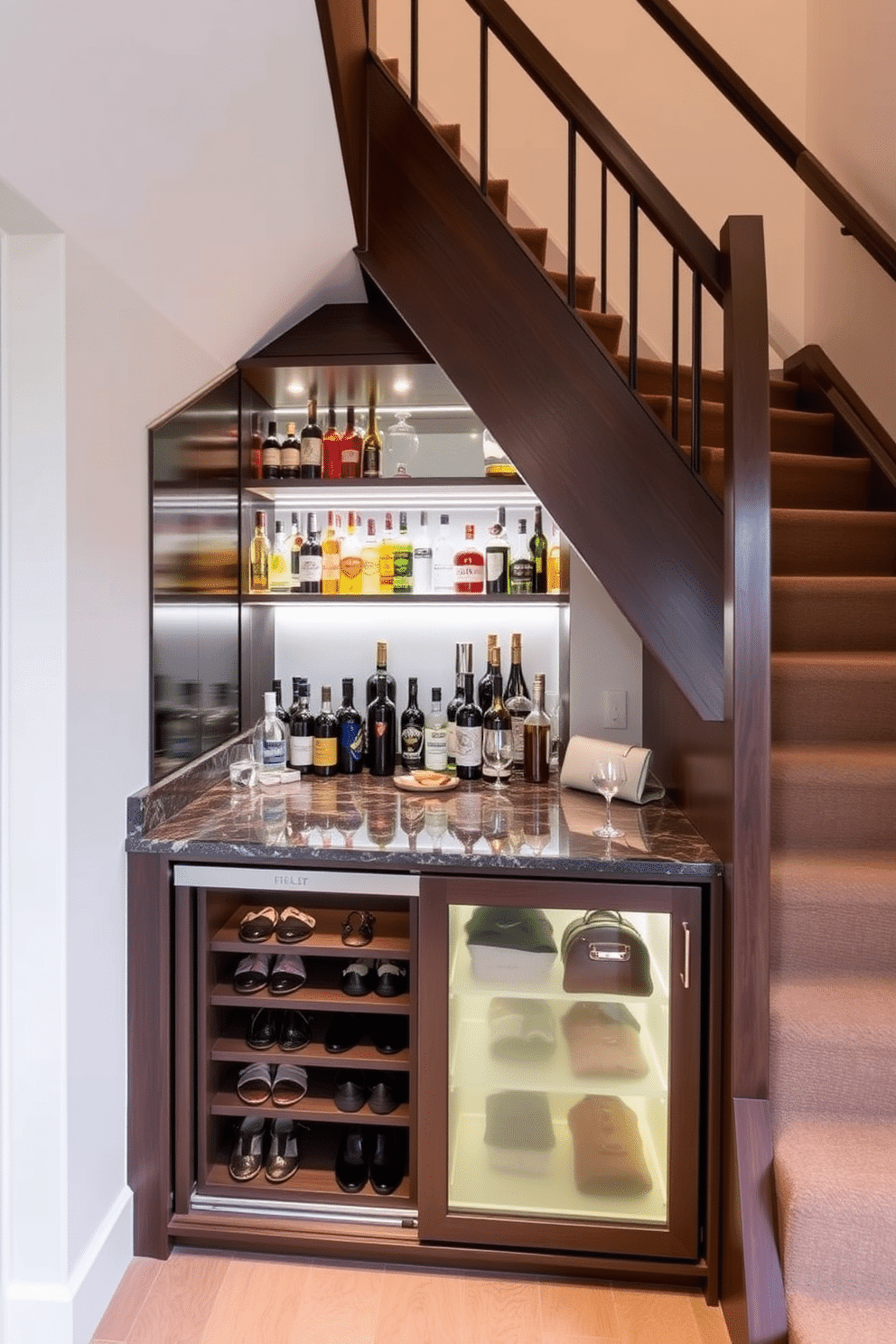 A stylish mini bar area featuring a sleek, dark wood bar with a polished granite countertop. Behind the bar, a mirrored backsplash reflects an array of colorful bottles and glassware, while soft LED lighting highlights the space. An innovative small closet under the staircase designed for maximum storage efficiency. The closet includes built-in shelves for shoes and bags, with a sliding door that blends seamlessly with the staircase, painted in a soft, neutral color.