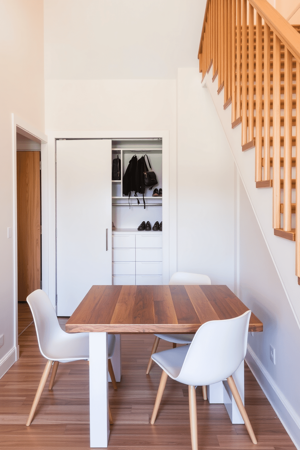 A cozy dining area featuring a sleek, foldable dining table that can comfortably seat four when extended. The table is crafted from reclaimed wood, paired with modern, minimalist chairs that accentuate the space's functionality and style. Under the staircase, a small closet design maximizes storage while maintaining an open feel. The closet features built-in shelves for shoes and bags, with a sliding door that seamlessly blends into the wall, painted in a soft, neutral color.