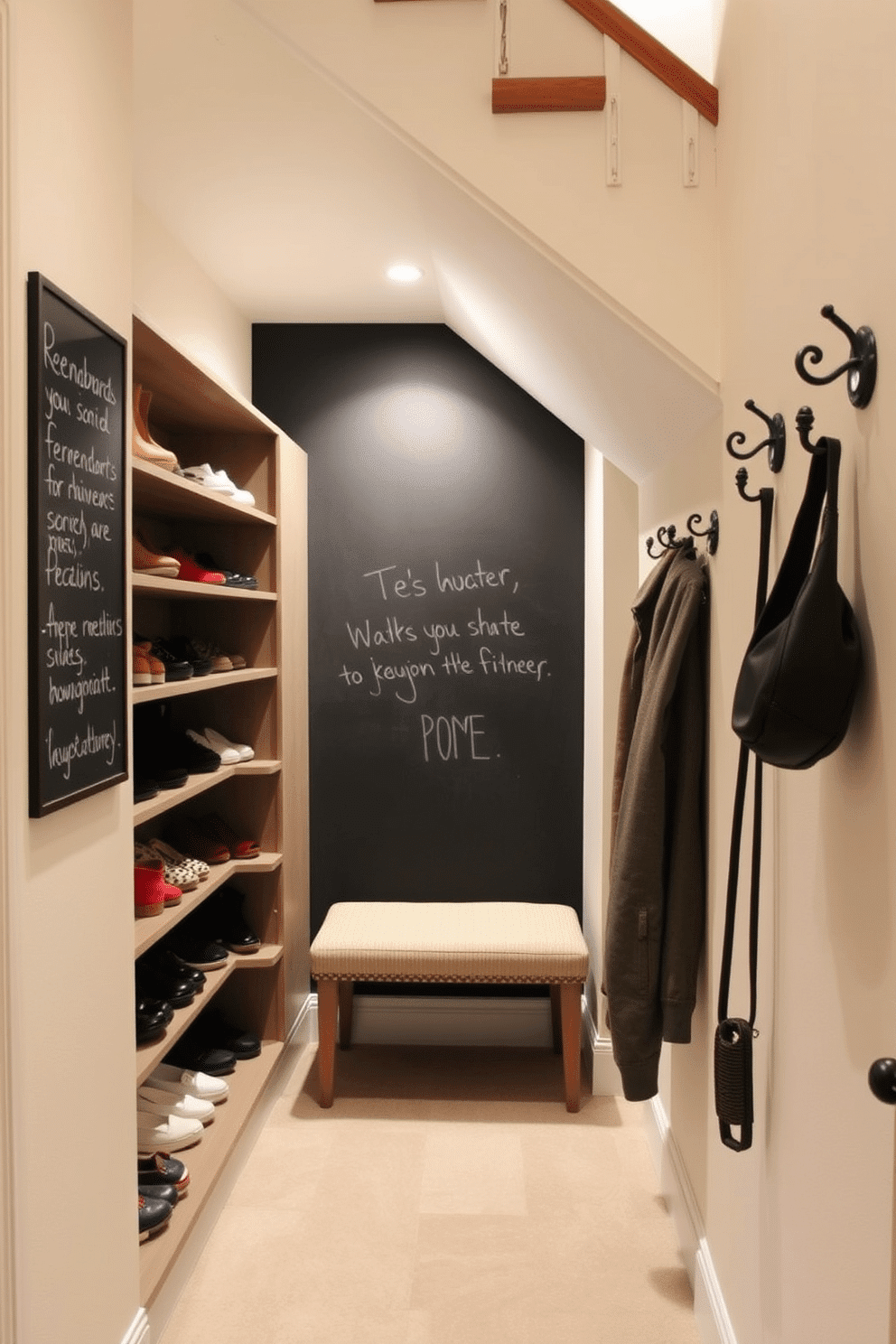 A creative small closet design tucked under the staircase features a chalkboard wall for reminders and notes, adding a functional yet stylish element to the space. The closet is fitted with open shelving for easy access to shoes and accessories, complemented by soft lighting that highlights the organized layout. The interior of the closet is painted in a light, neutral color to enhance brightness, while a small bench provides a convenient spot for putting on shoes. Decorative hooks on the side offer additional storage for bags and coats, making this small space both practical and visually appealing.