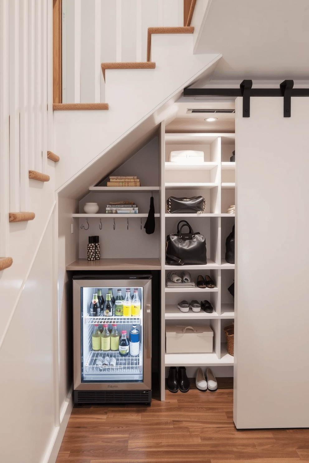 A cozy nook under the staircase features a small, stylish fridge seamlessly integrated into the design, providing easy access to drinks. The surrounding space is optimized with clever shelving and hooks, creating a functional yet inviting area. The small closet under the staircase is designed with sliding doors, maximizing space while maintaining a sleek appearance. Inside, custom shelving and compartments offer organized storage for shoes, bags, and seasonal items, blending practicality with aesthetic appeal.