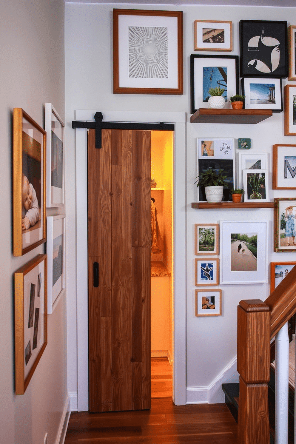 A cozy small closet under the staircase features a sleek sliding door made of reclaimed wood, seamlessly blending with the surrounding decor. Inside, the space is organized with built-in shelves and hooks for coats and shoes, illuminated by warm LED lighting. The gallery wall is adorned with an eclectic mix of framed artwork and photographs, showcasing a variety of styles from modern abstracts to vintage prints. Each piece is thoughtfully arranged to create a visually appealing focal point, complemented by floating shelves displaying small plants and decorative objects.