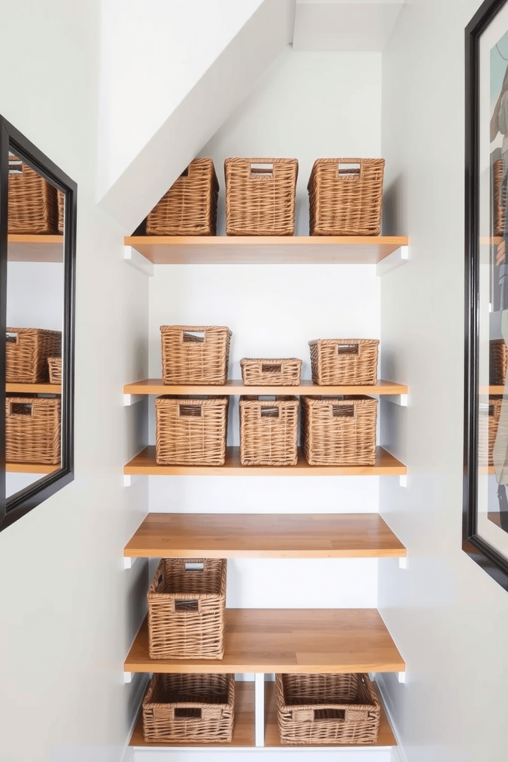 A small closet under the staircase features a series of woven baskets neatly arranged on sturdy shelves for organized storage. The walls are painted in a soft white hue, and a warm wood finish on the shelves adds a touch of coziness to the space.