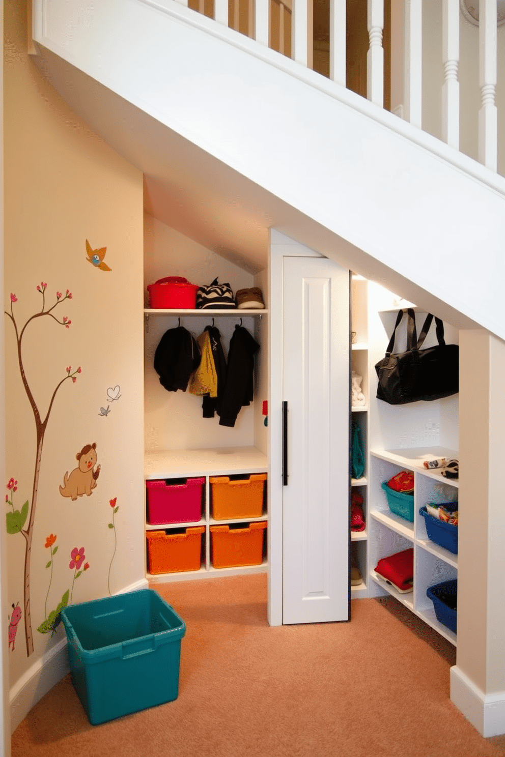 A hidden play area for kids, cleverly tucked beneath a staircase, features soft, colorful carpeting and whimsical wall decals that inspire creativity. Brightly colored storage bins are neatly arranged, providing easy access to toys, while soft lighting creates a warm and inviting atmosphere. A small closet under the staircase is designed for maximum efficiency, with built-in shelving and hooks for coats and bags. The interior is painted in a light, cheerful color, and a sliding door adds a modern touch while saving space.