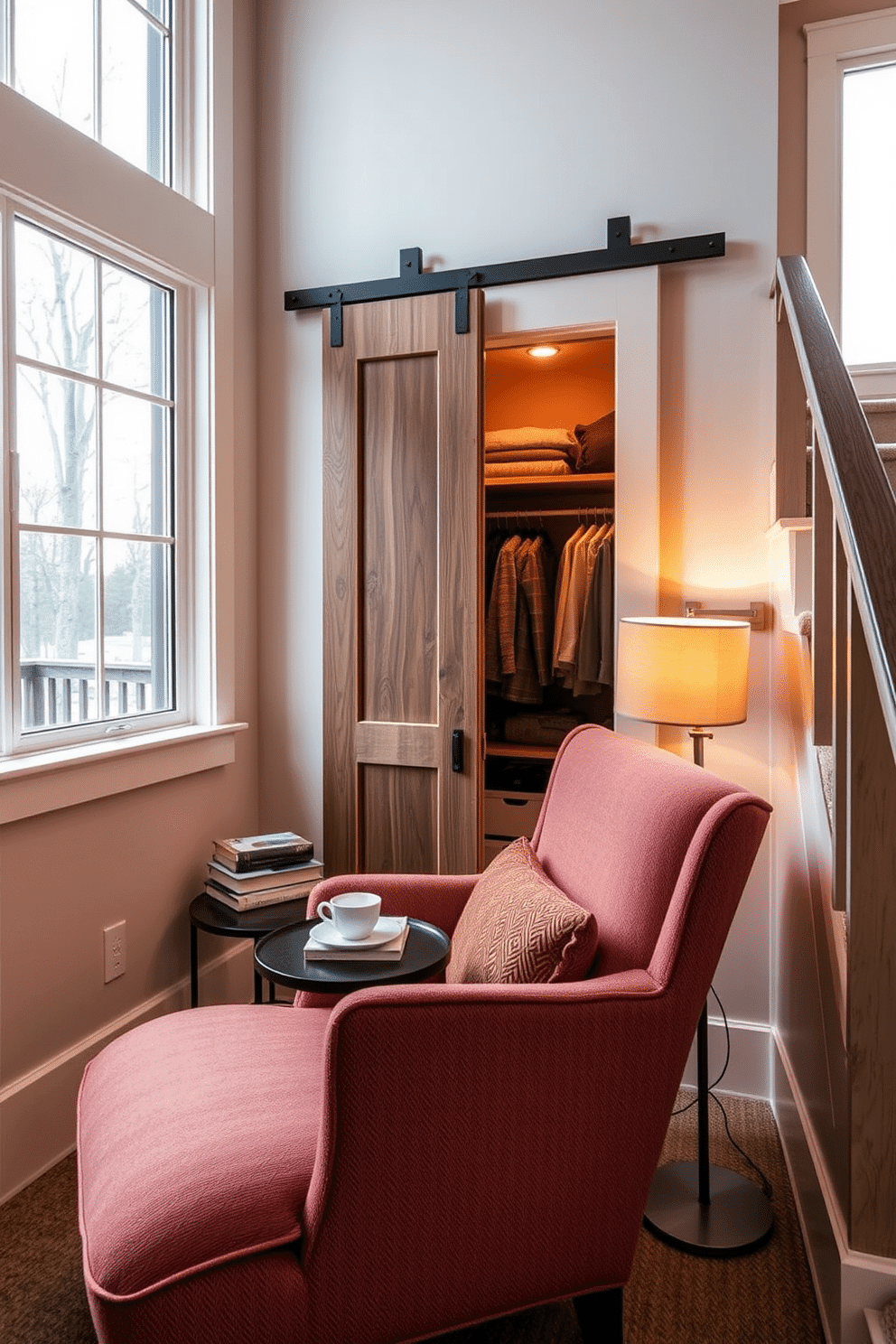 A cozy reading nook featuring a plush armchair upholstered in soft, warm fabric, positioned next to a large window that allows natural light to flood the space. A small side table holds a stack of books and a steaming cup of tea, while a floor lamp with a warm glow provides additional lighting for evening reading. The small closet under the staircase is designed with built-in shelving for efficient storage, featuring a combination of hanging space and drawers. Soft, ambient lighting illuminates the space, and a sliding barn door adds a rustic charm while maximizing accessibility.