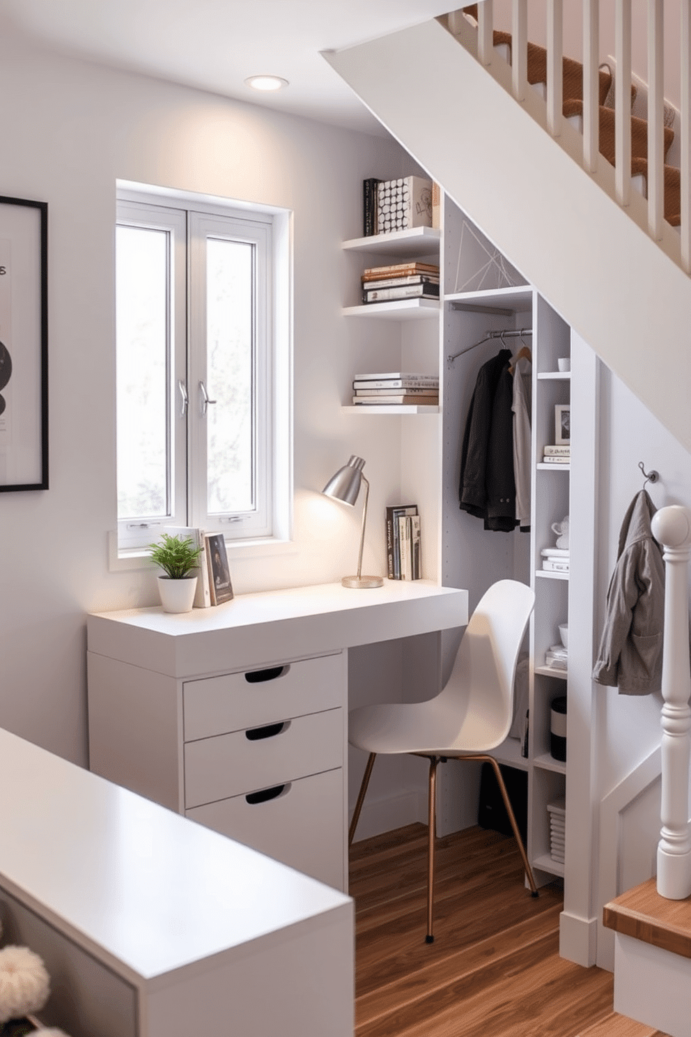 A compact mini office workspace is designed under a window, featuring a sleek white desk with a minimalist chair. Shelves above the desk hold books and decorative items, while a small potted plant adds a touch of greenery. The small closet under the staircase is ingeniously transformed into a functional storage space, with custom shelving and hooks for organization. Soft lighting illuminates the interior, creating a cozy nook that maximizes every inch of space.