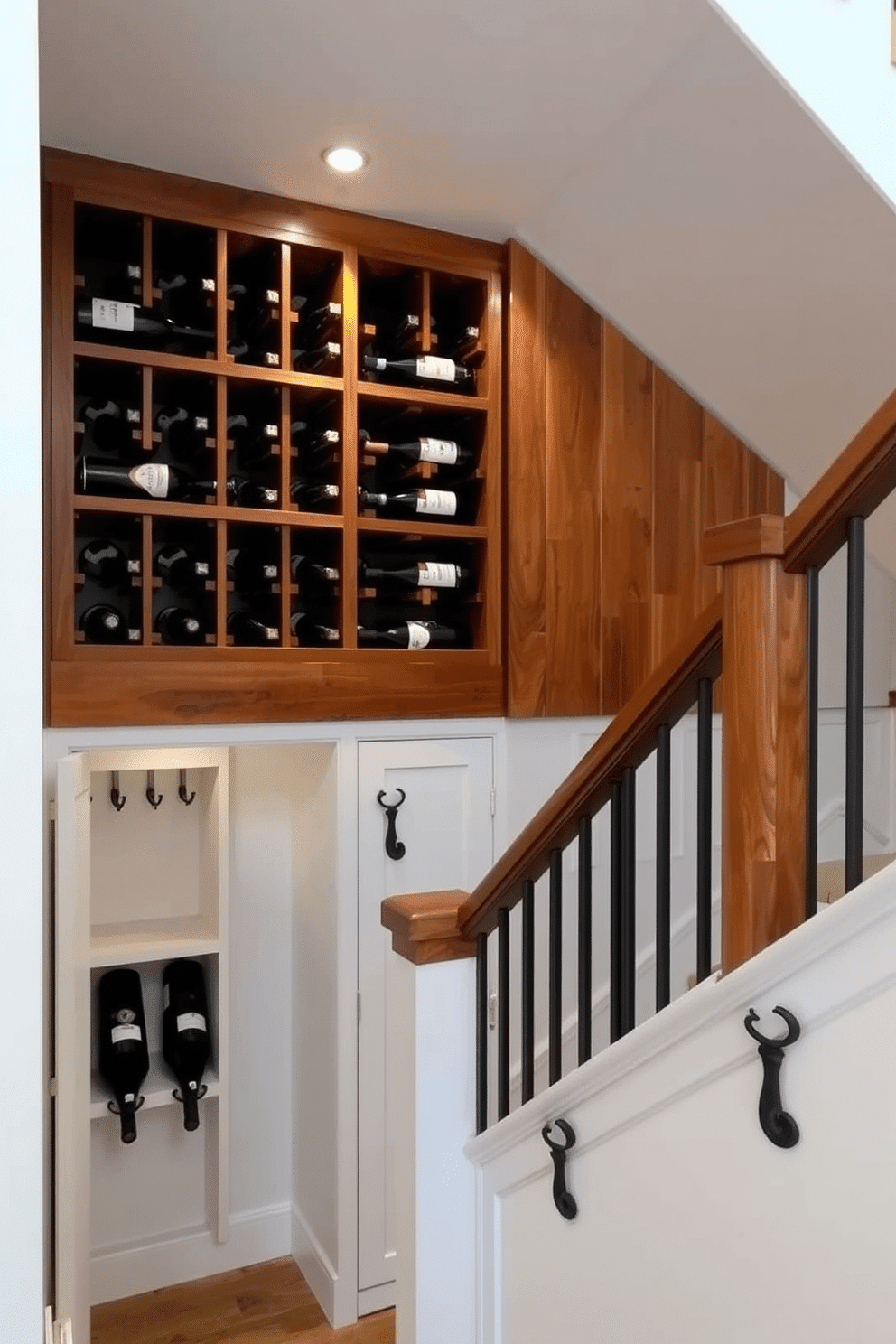 A stylish wine storage area featuring a custom-built wooden wine rack that holds an impressive collection of bottles. The space is illuminated by soft, ambient lighting, enhancing the rich tones of the wood and the labels of the wine. A small closet under the staircase designed to maximize space efficiency with built-in shelving and hanging options. The interior is painted a crisp white, while the exterior blends seamlessly with the staircase, adorned with decorative hooks for added functionality.