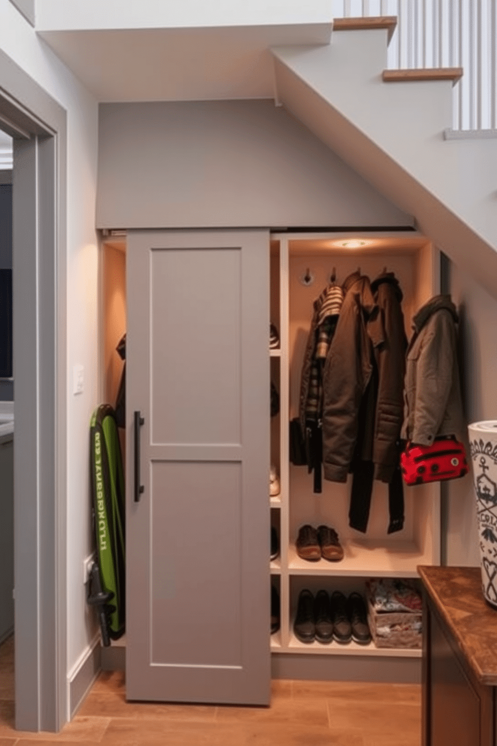 A small closet under the staircase features a clever design for outdoor gear storage. The space is maximized with custom shelving and hooks, providing an organized area for coats, shoes, and sporting equipment. The closet door is a sleek sliding design, painted in a soft gray to blend seamlessly with the surrounding decor. Warm lighting illuminates the interior, highlighting the textures of the stored gear and creating an inviting atmosphere.