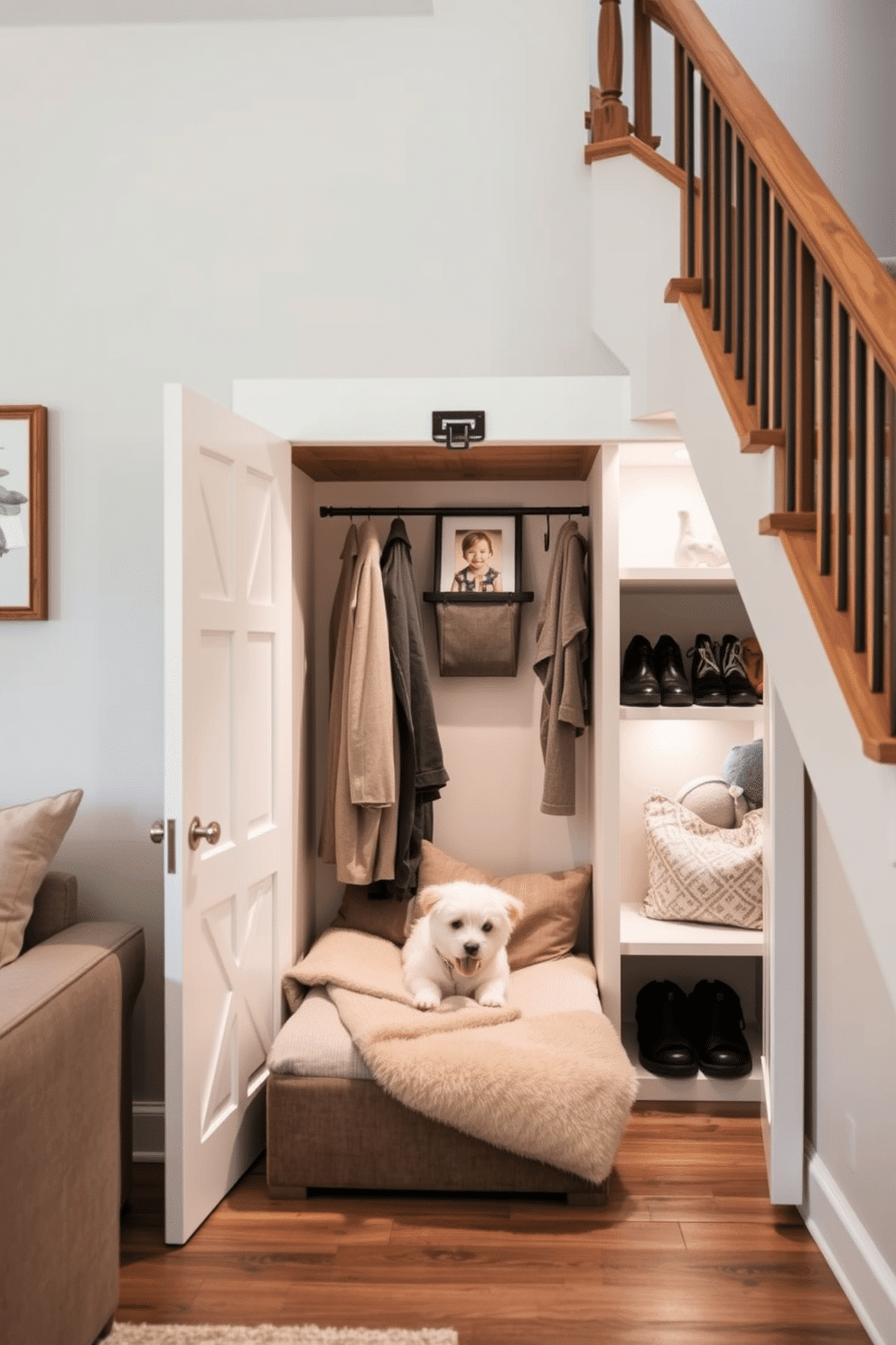 A cozy pet bed nook is nestled in a corner of the living room, featuring a plush bed surrounded by soft pillows and a warm blanket. Above the nook, a small shelf holds pet toys and framed photos of the beloved furry companion, creating an inviting space for relaxation. The small closet under the staircase is designed with clever storage solutions, incorporating built-in shelves and hanging space for coats and shoes. A sliding barn door adds a rustic touch, while soft lighting highlights the organized interior, making it both functional and stylish.