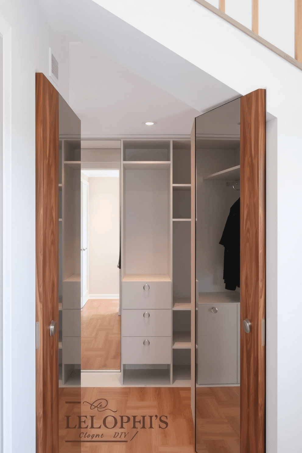 A small closet under the staircase features mirrored doors that create a sense of depth and openness. The interior is designed with built-in shelves and hooks to maximize storage while maintaining a sleek and organized appearance.