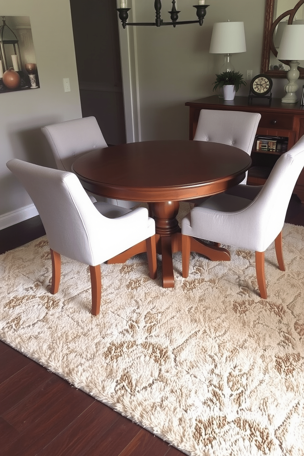 A cozy dining area is defined by a plush area rug that anchors the space, featuring a geometric pattern in soft earth tones. Surrounding the rug, a round wooden table is accompanied by four upholstered chairs in a complementary fabric, creating an inviting atmosphere for intimate gatherings.