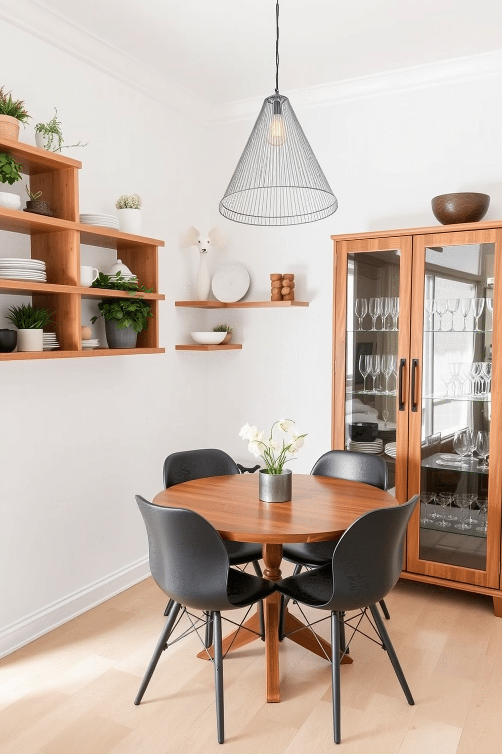 A small dining room featuring vertical storage solutions to maximize space. The walls are adorned with open shelving units displaying decorative dinnerware and plants, while a round wooden table with sleek chairs occupies the center, creating an inviting atmosphere. In one corner, a tall cabinet with glass doors showcases elegant glassware and serves as additional storage. The room is painted in a light, airy color to enhance the sense of space, complemented by a statement pendant light hanging above the table.