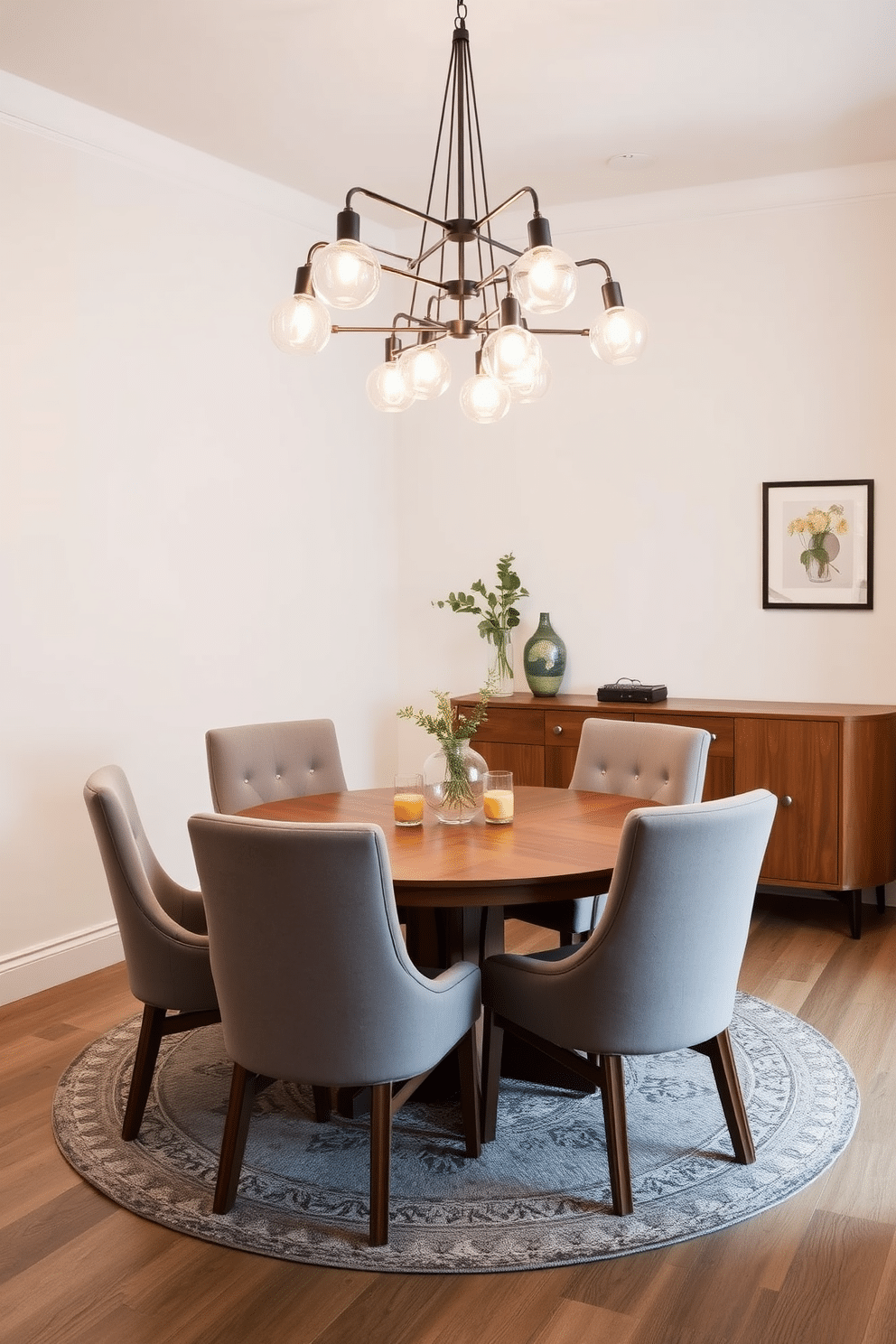 A stylish small dining room featuring a round wooden table surrounded by upholstered chairs in a soft gray fabric. Above the table, a cluster of pendant lights with a modern design creates a striking focal point, illuminating the space with warm light. The walls are painted in a light, airy color to enhance the sense of openness. A decorative rug under the table adds texture, while a small sideboard against one wall provides additional storage and display space for elegant tableware.