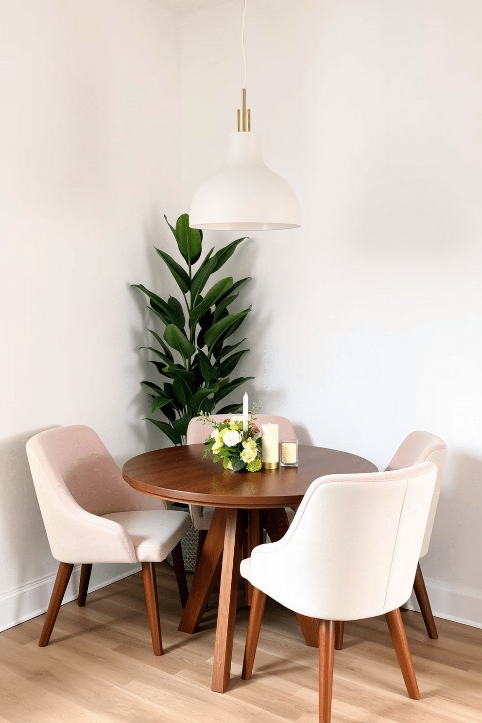 A cozy small dining room featuring a round wooden table surrounded by four upholstered chairs in soft pastel colors. A large potted plant sits in the corner, adding a touch of greenery and vibrancy to the space. The walls are painted in a light, airy hue, complemented by a statement pendant light hanging above the table. On the table, a simple centerpiece of fresh flowers and a few candles create an inviting atmosphere for intimate meals.