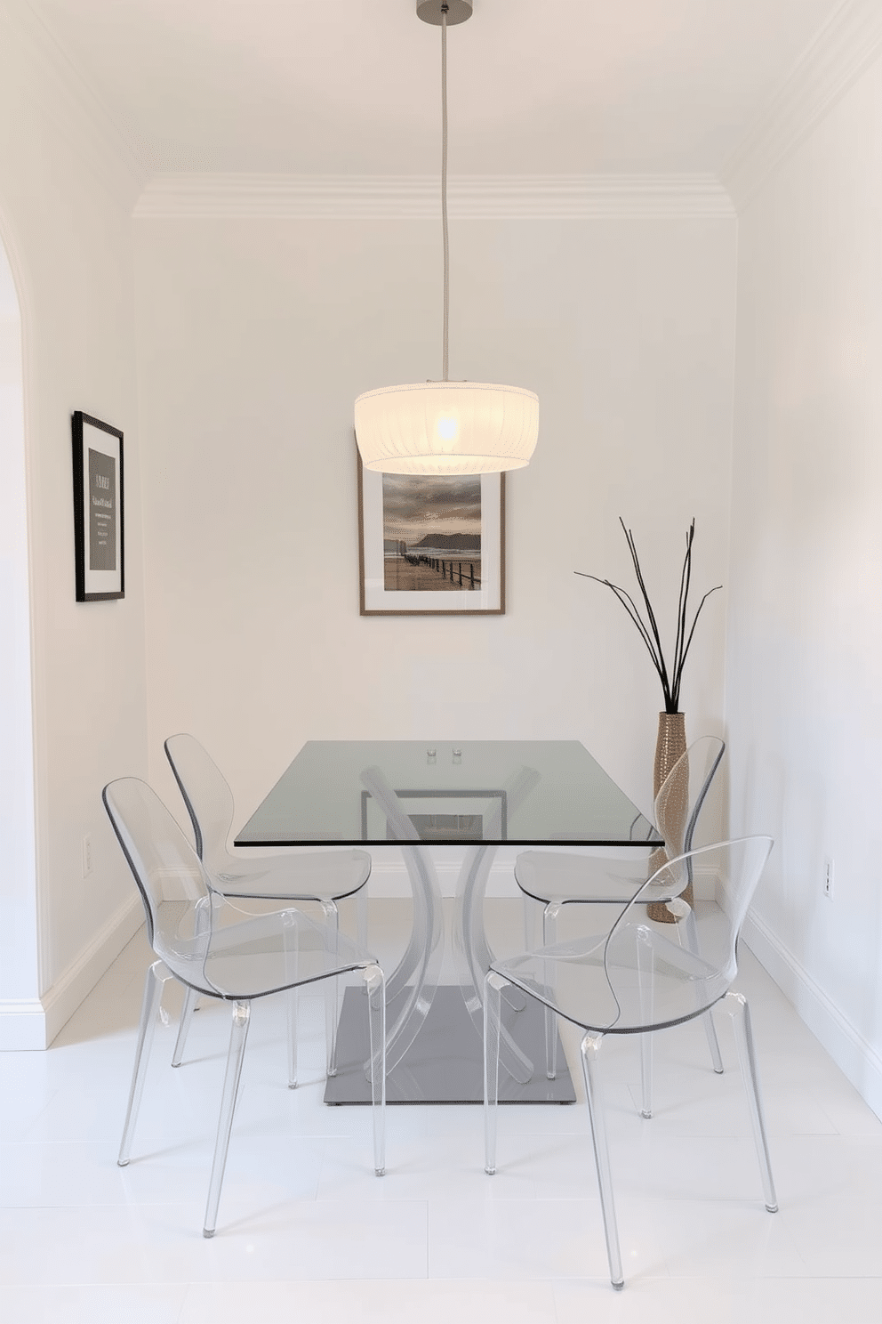 A small dining room featuring transparent furniture to create an airy and spacious feel. The table is a sleek glass design surrounded by acrylic chairs that blend seamlessly into the environment. The walls are painted in a soft pastel hue, enhancing the lightness of the space. A statement pendant light hangs above the table, casting a warm glow while maintaining an unobtrusive presence.