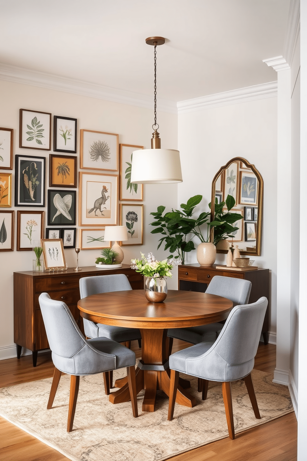 A cozy small dining room featuring a round wooden table surrounded by upholstered chairs in a soft gray fabric. The walls are adorned with a gallery of framed artwork, showcasing a mix of abstract and botanical prints, while a statement pendant light hangs above the table, adding warmth to the space. In one corner, a stylish sideboard displays decorative items and serves as additional storage. A large mirror is mounted on the opposite wall, reflecting light and making the room feel more spacious, while a lush potted plant adds a touch of greenery.