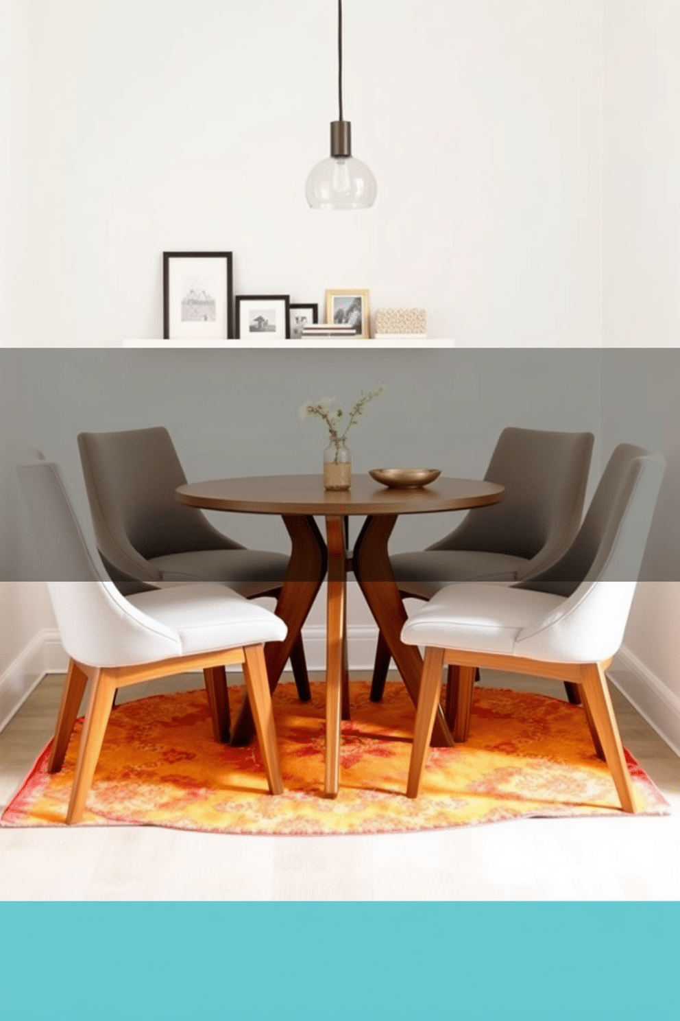 A compact dining set designed for small areas features a round wooden table with sleek, tapered legs, surrounded by four upholstered chairs in a soft gray fabric. The walls are painted in a light, airy color, and a small pendant light hangs above the table, adding warmth and elegance to the space. In this small dining room design, a wall-mounted shelf displays curated decor items, maximizing vertical space while keeping the area uncluttered. A vibrant area rug under the table adds a touch of color, creating a cozy atmosphere perfect for intimate gatherings.