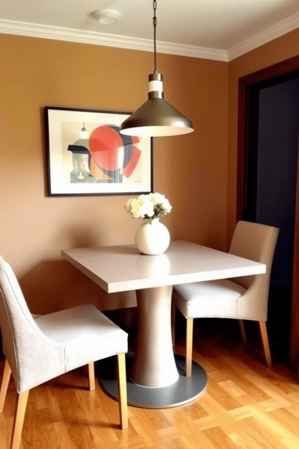 A cozy small dining room featuring a sleek pedestal table that maximizes legroom and encourages easy movement. Surrounding the table are four stylish, upholstered chairs in a soft fabric, creating an inviting atmosphere for intimate gatherings. The walls are painted in a warm, neutral tone, complemented by a statement piece of artwork that adds a pop of color. A modern pendant light hangs above the table, casting a warm glow and enhancing the room's charm.