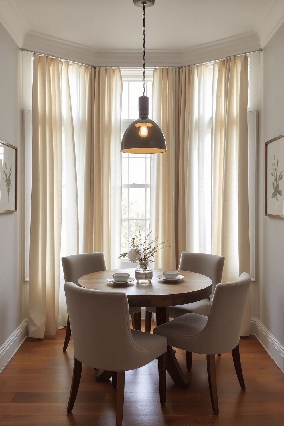 A small dining room with light filtering curtains that allow soft natural light to fill the space. The dining table is round, made of reclaimed wood, surrounded by upholstered chairs in a muted pastel color. On the walls, there are framed botanical prints that add a touch of nature. A stylish pendant light hangs above the table, casting a warm glow during evening meals.