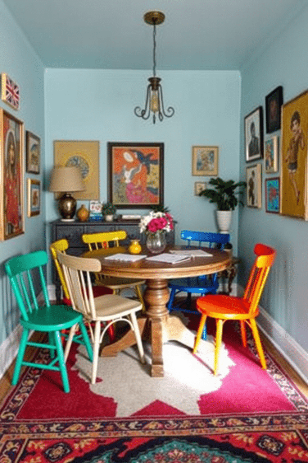 A small dining room filled with personality, featuring a round wooden table surrounded by mismatched colorful chairs in vibrant hues. The walls are adorned with eclectic artwork, and a bold patterned rug anchors the space, adding warmth and charm.