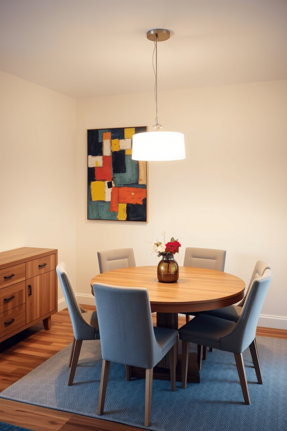 A cozy small dining room featuring a sleek sideboard against one wall, providing ample storage for dining essentials. The sideboard is finished in a light oak, complementing the warm tones of the room, which is adorned with a round wooden dining table surrounded by upholstered chairs. Soft, ambient lighting from a pendant fixture hangs above the table, creating an inviting atmosphere for meals. The walls are painted a soft cream color, and a colorful abstract artwork adds a touch of personality to the space.