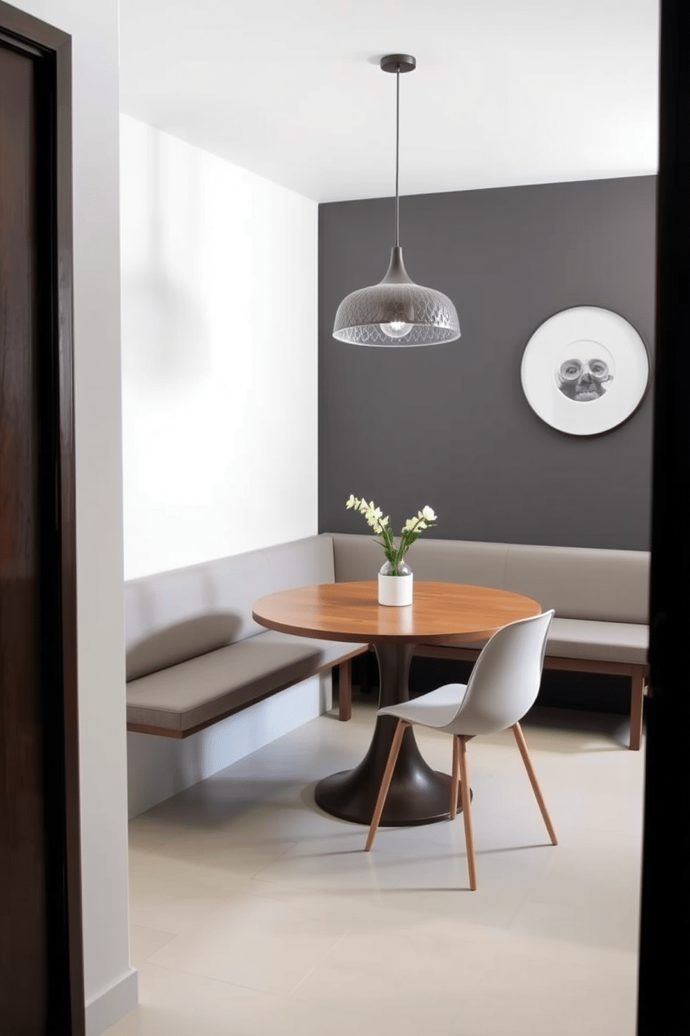 A small dining room features a sleek, modern bench positioned against a wall, providing flexible seating options for guests. A round wooden table sits in the center, surrounded by minimalist chairs, while a statement pendant light hangs above, adding a touch of elegance to the space.