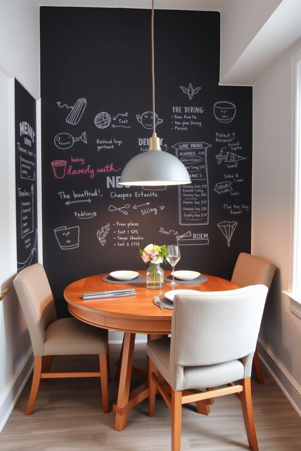 A cozy small dining room featuring a chalkboard wall that adds a playful touch to the decor. The space includes a round wooden table surrounded by four upholstered chairs, creating an inviting atmosphere for meals and gatherings. The chalkboard wall is adorned with colorful chalk drawings and menus, enhancing the room's charm. Soft pendant lighting hangs above the table, casting a warm glow that complements the neutral color palette of the room.