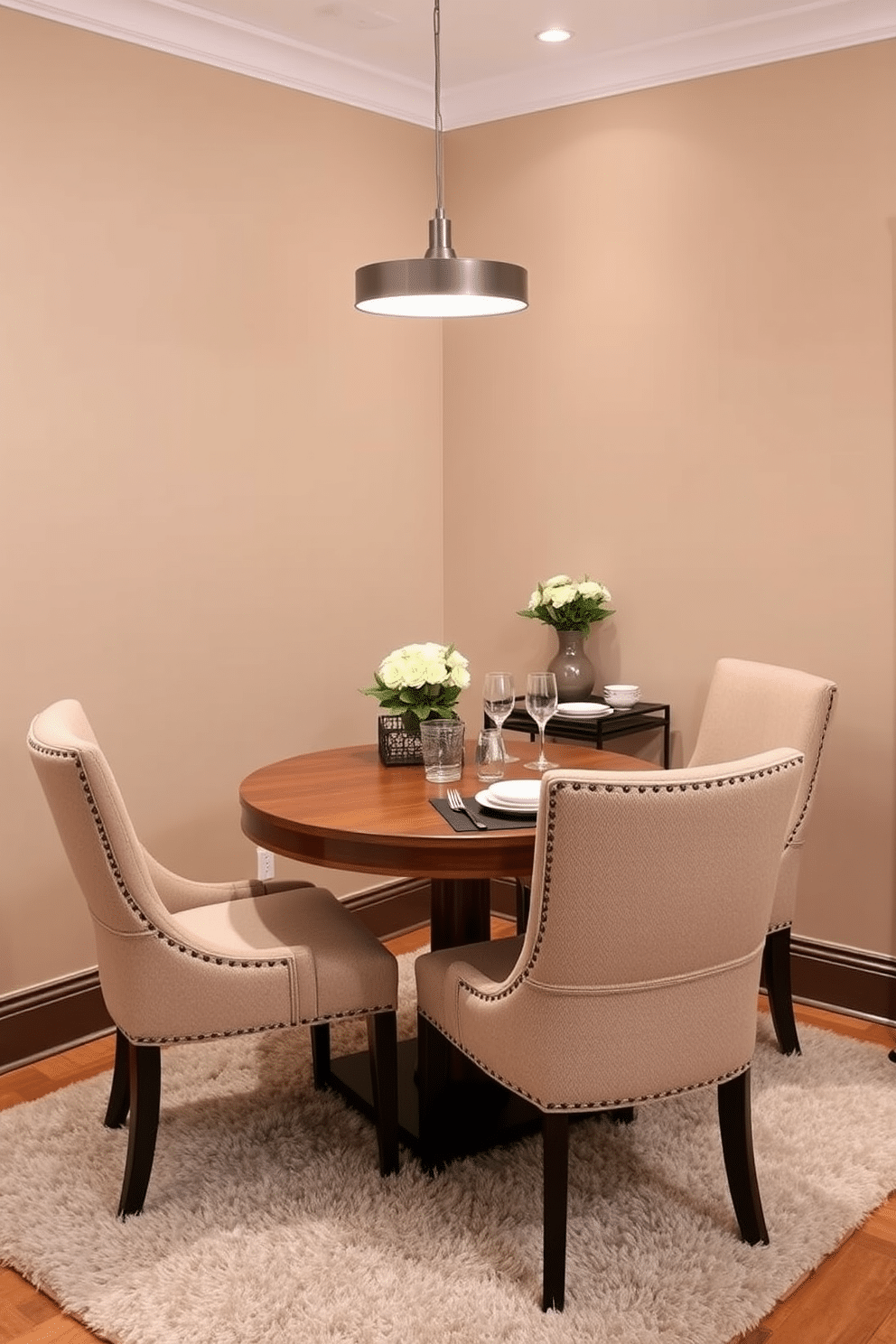 A cozy small dining room features a round wooden table surrounded by upholstered chairs in a soft neutral fabric. In one corner, a stylish side table is set for two, adorned with a small vase of fresh flowers and elegant dinnerware, enhancing the intimate dining experience. The walls are painted in a warm beige tone, complemented by soft lighting from a modern pendant fixture overhead. A plush area rug anchors the space, adding texture and warmth to the overall design.