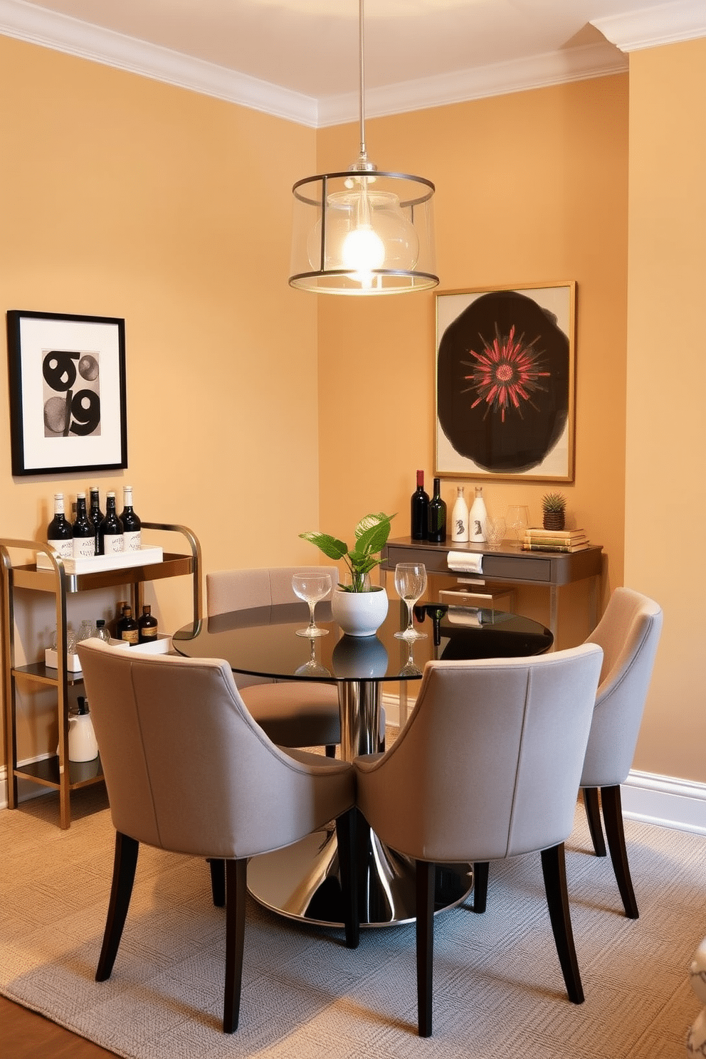 A cozy small dining room features a stylish round table surrounded by four upholstered chairs. In one corner, a sleek bar cart holds an assortment of drinks, glassware, and decorative items, adding a touch of elegance to the space. The walls are painted a soft, warm color, enhancing the inviting atmosphere. A statement pendant light hangs above the table, casting a warm glow, while a small potted plant adds a splash of greenery to the decor.