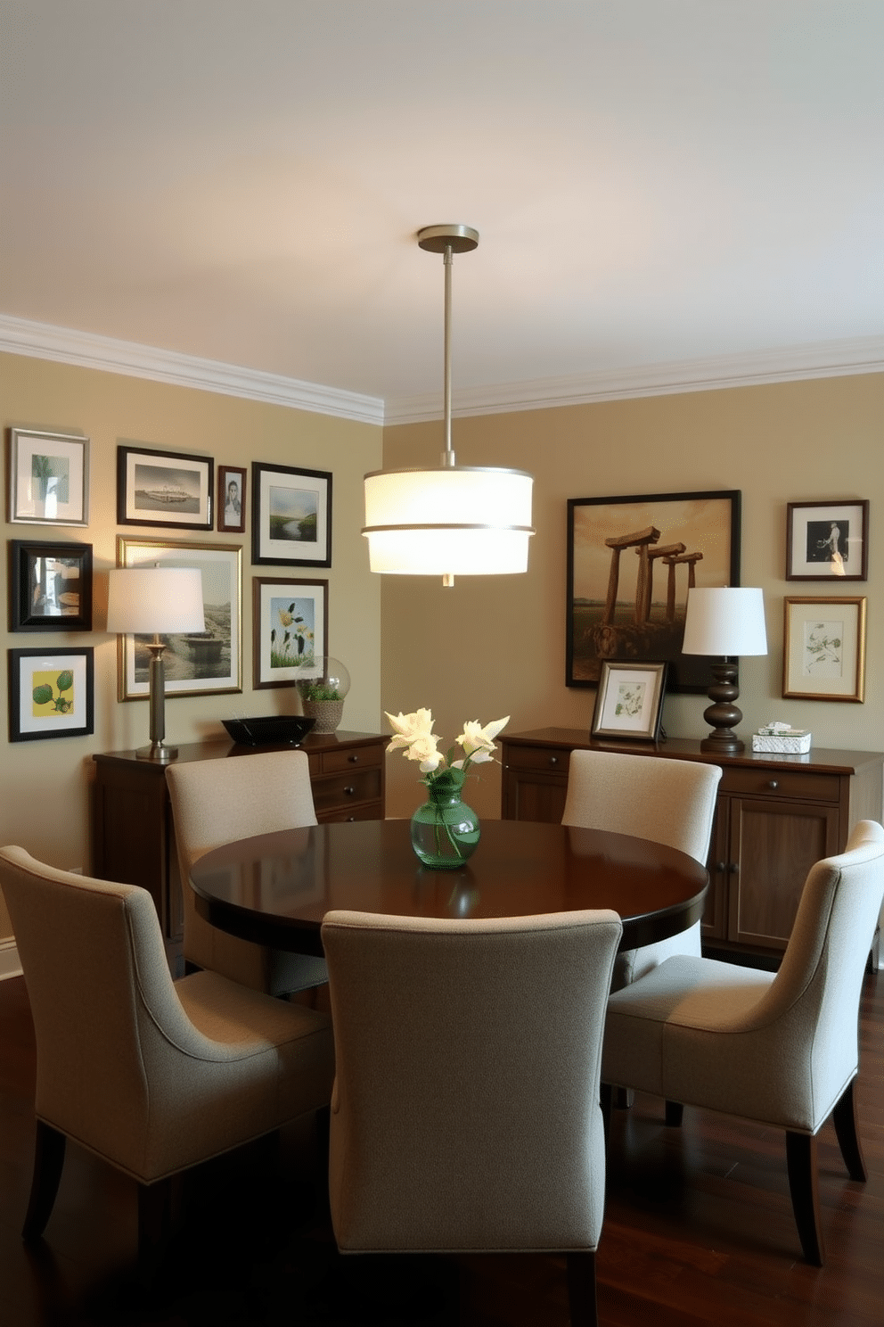 A cozy dining room featuring a round wooden table surrounded by upholstered chairs for comfort. Soft lighting from a modern pendant fixture hangs above the table, creating an inviting atmosphere. The walls are painted in a warm beige tone, complemented by a gallery of framed art pieces. A stylish sideboard against one wall provides additional storage and display space for decorative items.