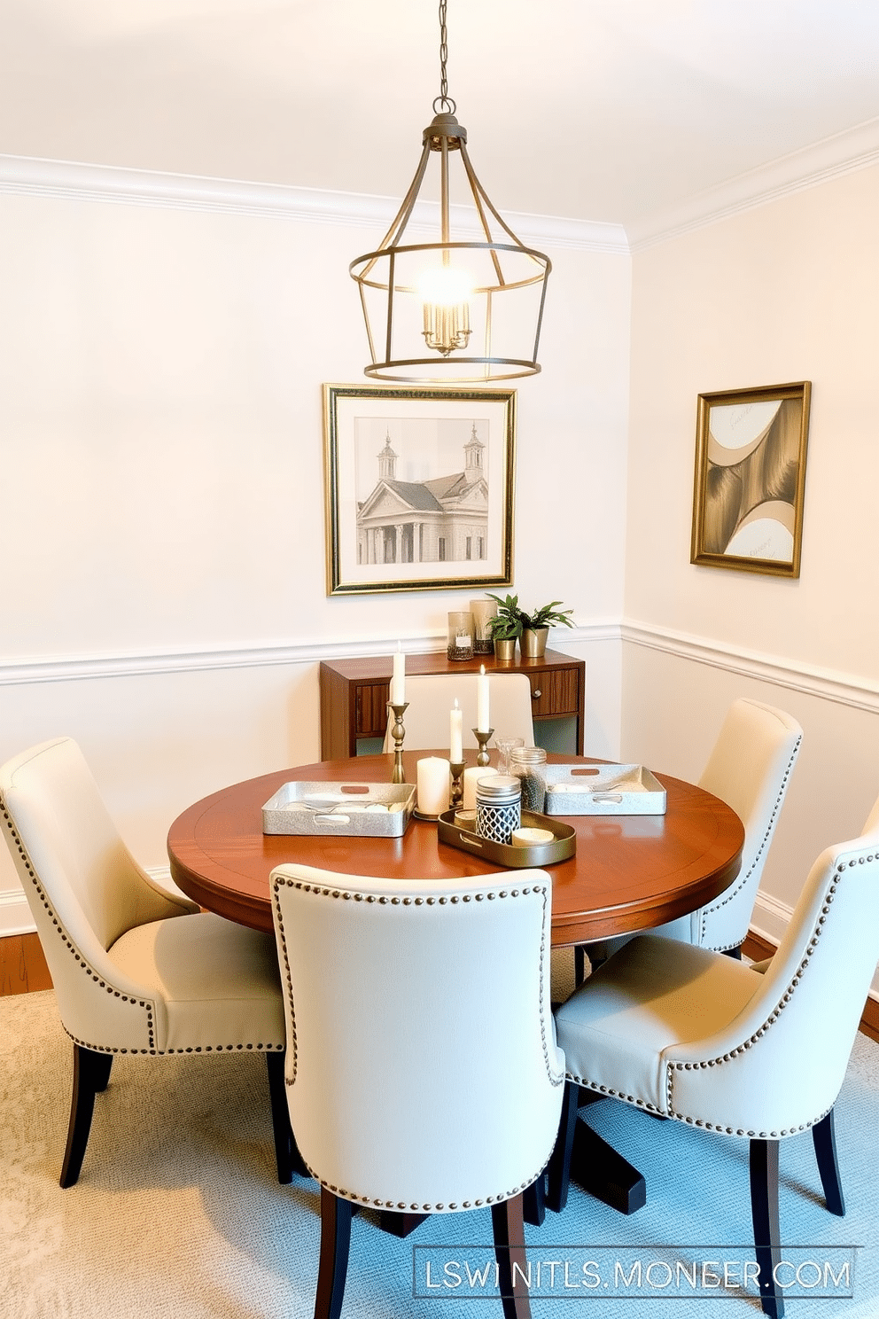 A cozy small dining room featuring a round wooden table surrounded by upholstered chairs in soft pastel colors. On the table, decorative trays are used to organize condiments and candles, adding a touch of elegance and functionality. The walls are painted in a light, airy hue, creating an inviting atmosphere. A stylish pendant light hangs above the table, providing warm illumination and enhancing the room's charm.