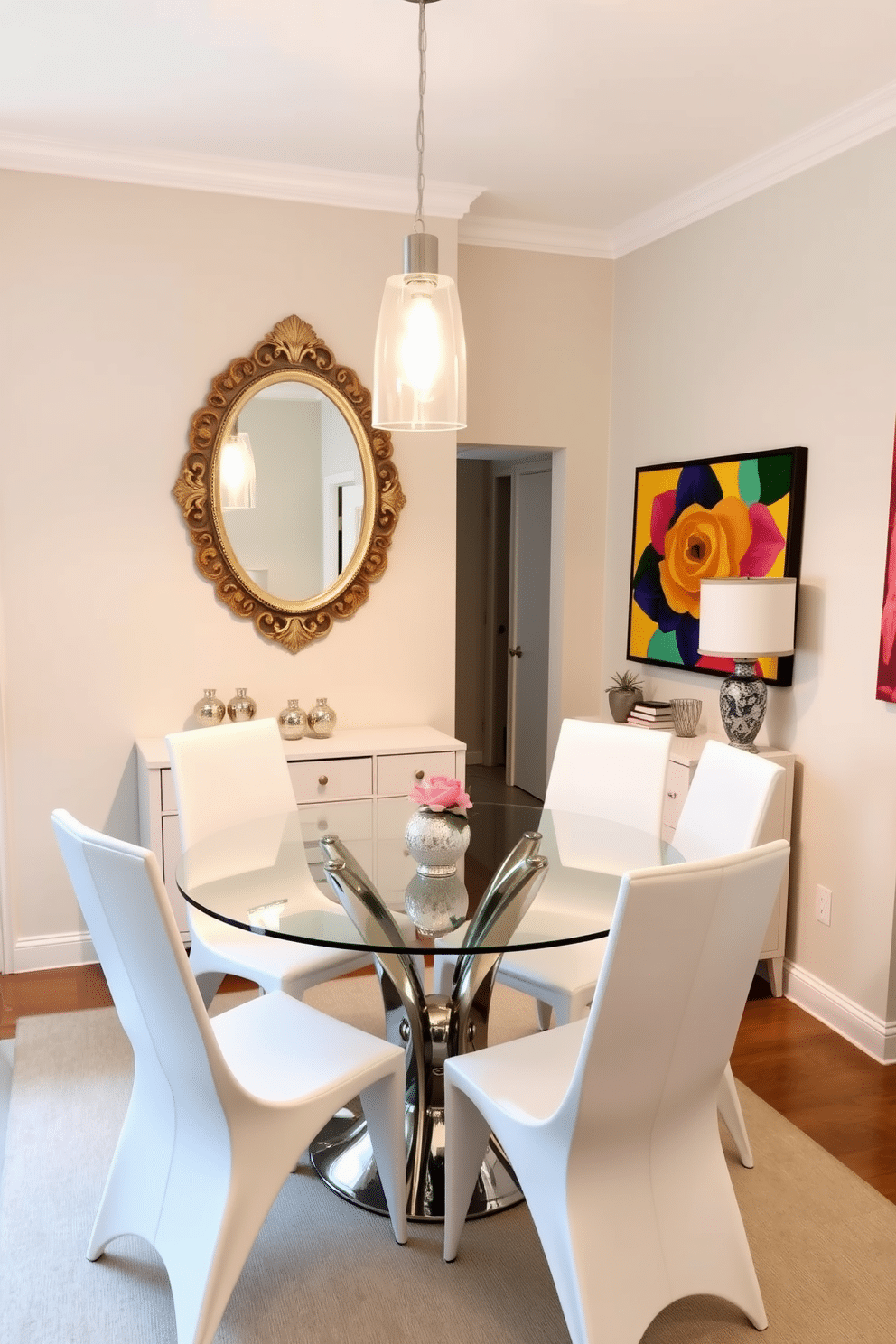 A small dining room with a round glass table at its center, surrounded by sleek white chairs that enhance the feeling of openness. On the wall opposite the table, a large, ornate mirror reflects light and creates the illusion of a larger space, while a soft, neutral color palette adds warmth and elegance. The room features a chic pendant light hanging above the table, casting a warm glow during evening meals. A small sideboard against one wall holds decorative items and serves as additional storage, while a vibrant piece of artwork adds a pop of color to the otherwise serene atmosphere.