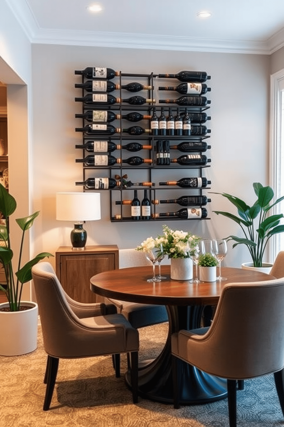 A stylish small dining room features a wall-mounted wine rack elegantly displaying an array of fine wines. The space is enhanced with a round wooden table surrounded by upholstered chairs, creating an inviting atmosphere for intimate gatherings. Soft ambient lighting illuminates the room, highlighting the rich textures of the decor. A neutral color palette with pops of greenery from potted plants adds a refreshing touch to the overall design.