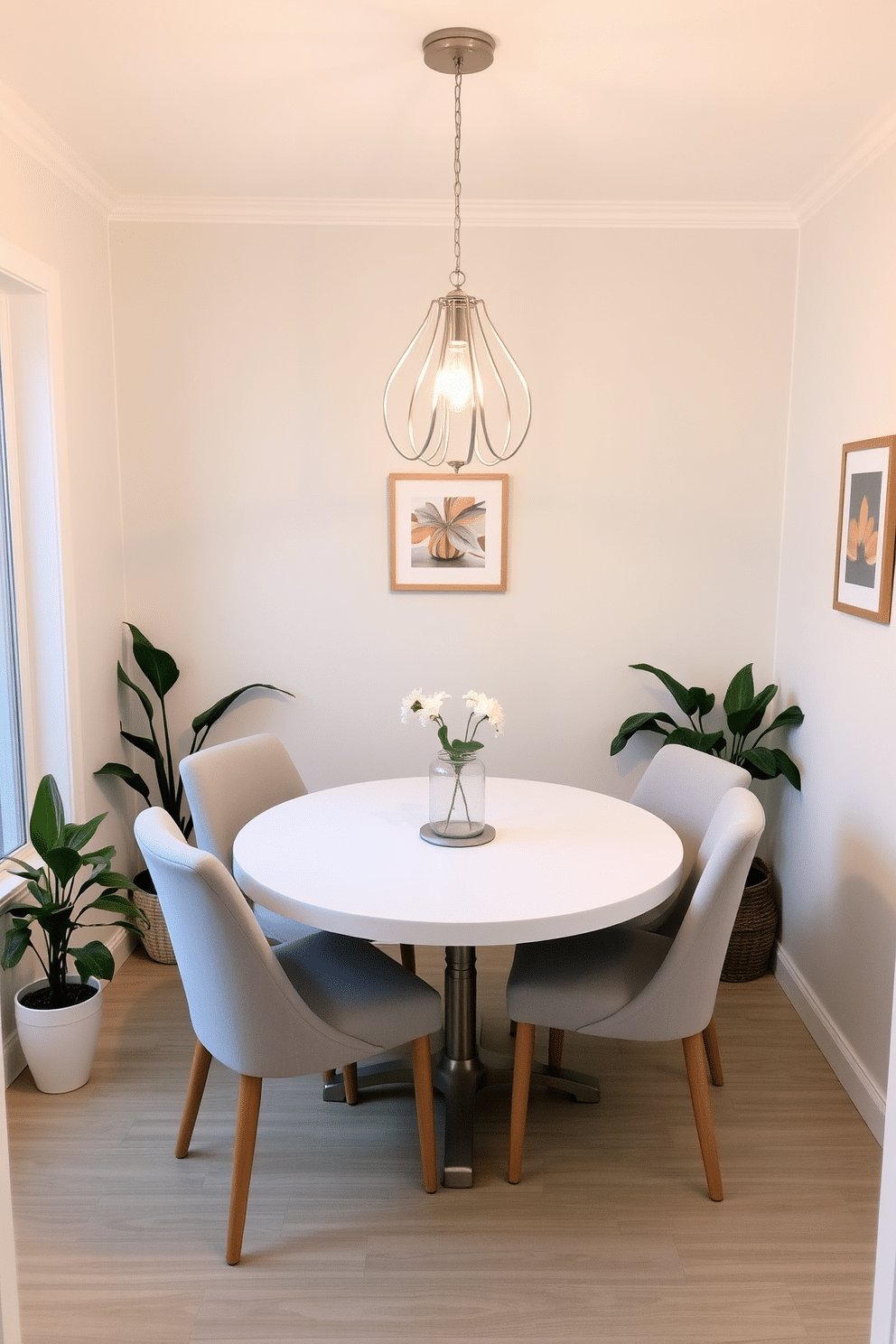 A cozy small dining room filled with light colors to create an inviting atmosphere. The walls are painted in a soft pastel hue, and a round white dining table is surrounded by four light gray upholstered chairs. A delicate chandelier hangs above the table, providing a warm glow. Potted plants in the corners and a small artwork on the wall add a touch of personality to the space.