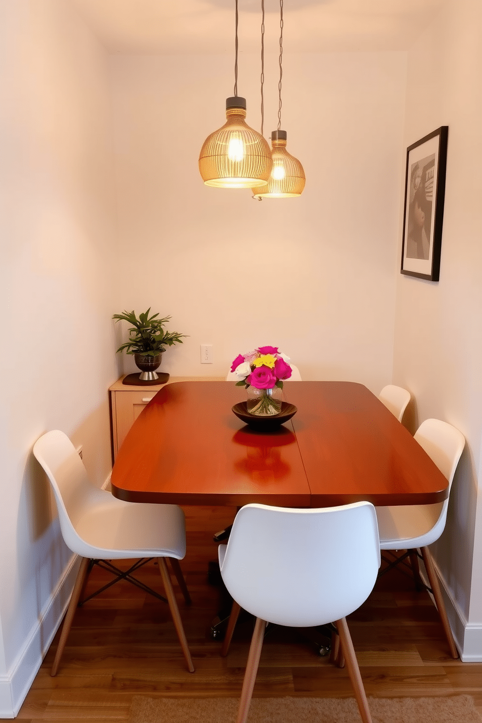 A wall-mounted drop-leaf table is elegantly positioned against a soft, pastel-colored wall, providing a flexible dining solution. Surrounding the table are stylish, minimalist chairs that complement the space, enhancing the room’s functionality without sacrificing aesthetics. The small dining room features a cozy ambiance, with warm lighting fixtures hanging above the table, casting a gentle glow. Decorative elements like a vibrant centerpiece and wall art add personality, making the area inviting and visually appealing.