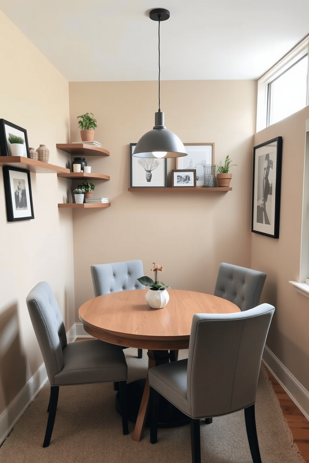 A cozy small dining room features a round wooden table surrounded by upholstered chairs in soft gray fabric. On the walls, floating shelves are adorned with decorative items, plants, and framed artwork, adding personality and style to the space. The room is painted in a warm beige tone, enhancing the inviting atmosphere. A pendant light hangs above the table, casting a soft glow that complements the natural light coming from a nearby window.