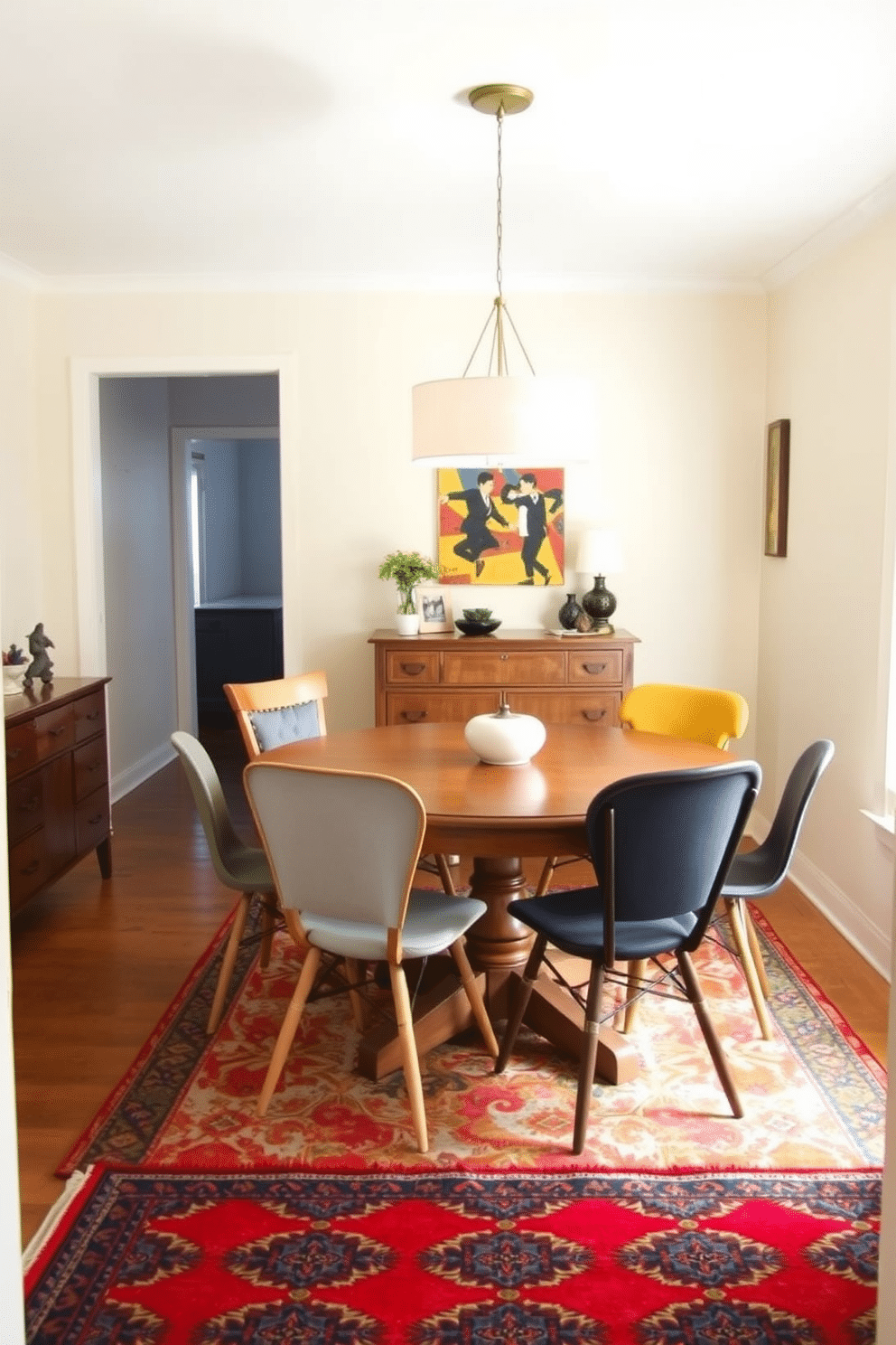 A cozy dining room features a round wooden table surrounded by an eclectic mix of dining chairs, each showcasing different colors and textures. The walls are painted a soft cream, and a statement pendant light hangs above the table, creating an inviting atmosphere. In one corner, a small sideboard displays decorative items and serves as additional storage. A vibrant area rug anchors the space, adding warmth and a touch of personality to the small dining area.