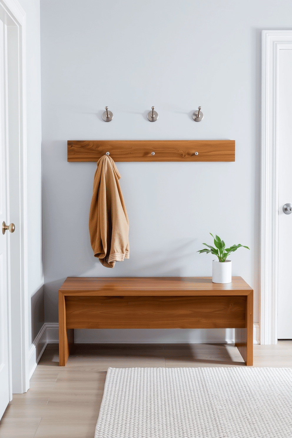 A minimalist entryway featuring a sleek wooden bench with clean lines, positioned against a soft gray wall. Above the bench, there are simple wall hooks made of brushed metal, providing a functional yet stylish touch. The floor is adorned with a light-colored, textured rug that adds warmth to the space. A small potted plant sits beside the bench, bringing a hint of greenery to the otherwise understated design.