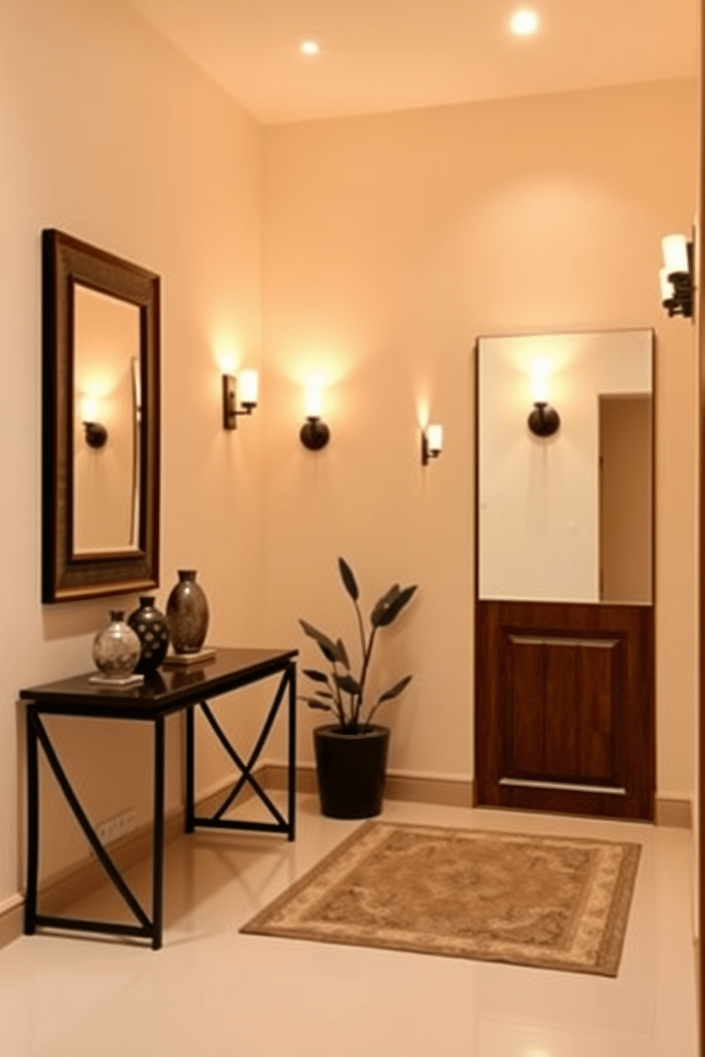 A small entryway featuring wall-mounted lighting that creates a warm and inviting ambiance. The walls are painted in a soft cream color, and a stylish console table with a sleek design sits against one side, adorned with decorative objects. On the opposite wall, a large mirror with a decorative frame enhances the sense of space, while wall-mounted sconces provide soft illumination. A small potted plant adds a touch of greenery, and a chic rug defines the entry area.