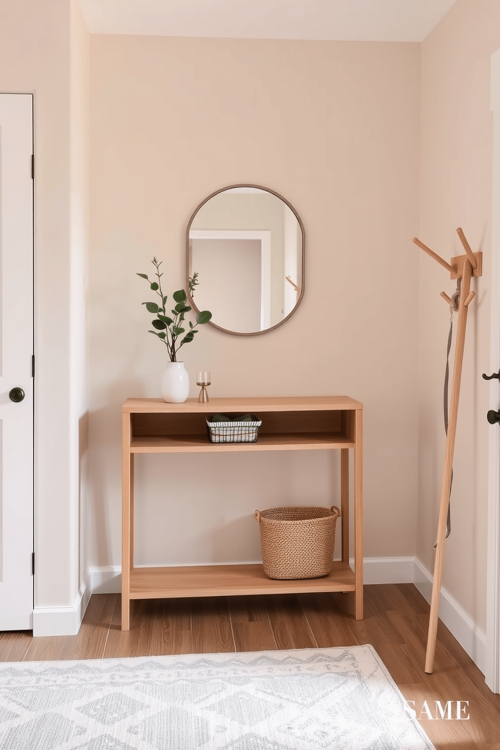 A serene entryway featuring a neutral color palette that promotes a calming atmosphere. The walls are painted in soft beige, complemented by a light wooden console table topped with a small potted plant and a decorative mirror. A cozy area rug in muted tones lies beneath the console, providing warmth and texture. To the side, a minimalist coat rack in natural wood offers functionality without overwhelming the space.