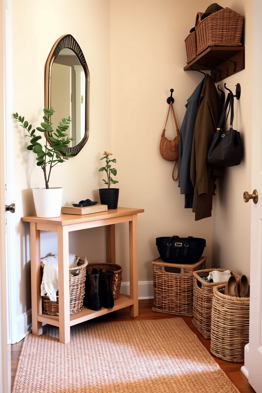 A cozy small entryway featuring woven baskets for organized clutter. The walls are painted a soft beige, and a narrow console table is positioned against one side, adorned with a small potted plant and a decorative mirror above it. On the opposite wall, hooks for coats and bags are mounted, with a few stylish baskets placed underneath for shoes and miscellaneous items. The floor is covered with a warm, textured rug that adds comfort and invites guests into the home.