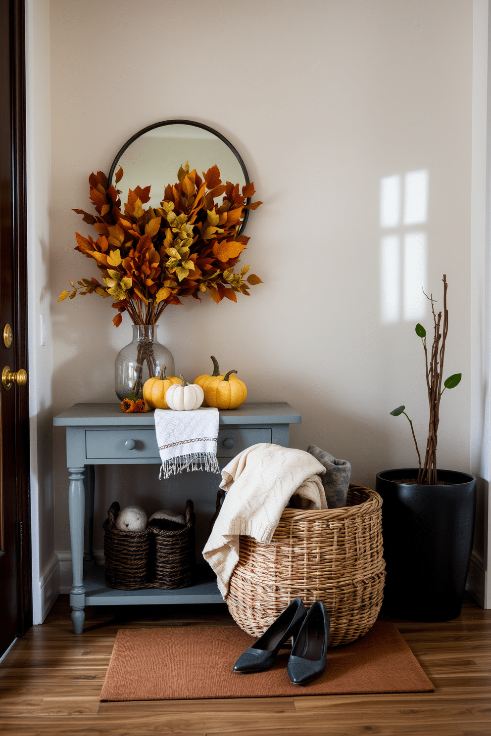 A charming entryway adorned with seasonal decor. A small console table is decorated with a festive arrangement of autumn leaves, pumpkins, and a cozy woven basket filled with blankets. The walls are painted in a soft, welcoming hue, complemented by a stylish mirror that adds depth. A pair of elegant shoes sits neatly on a chic mat, and a small potted plant adds a touch of greenery to the space.