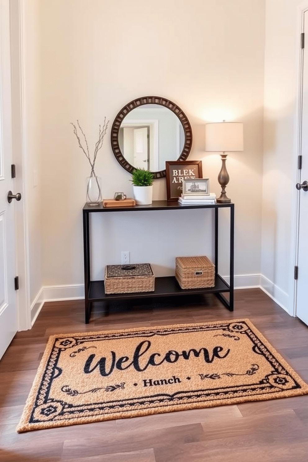 A charming small entryway features a personalized welcome mat that adds a warm touch. The walls are painted in a soft pastel hue, complemented by a sleek console table adorned with decorative items and a small potted plant.