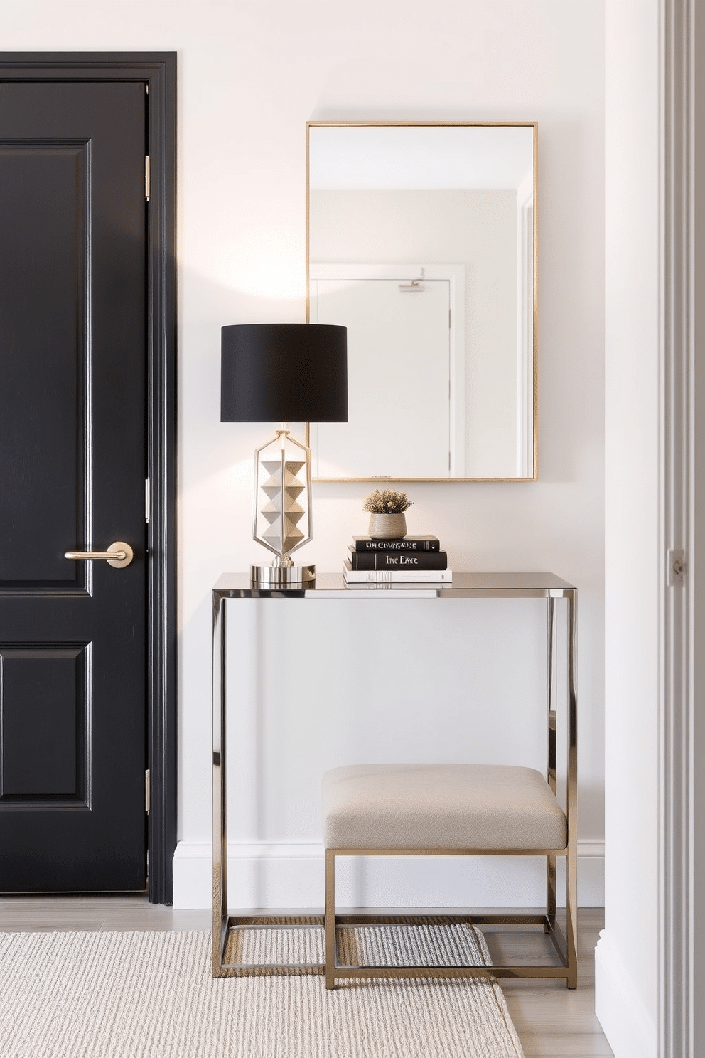 A sleek side table made of polished metal stands against the wall, topped with a stylish lamp featuring a geometric design. The table is adorned with a few carefully selected decorative items, such as a small potted plant and a stack of art books. The entryway features a minimalist design with a narrow console table and a chic mirror above it. A soft, textured runner rug adds warmth to the space, while a small bench provides a functional seating area for putting on shoes.