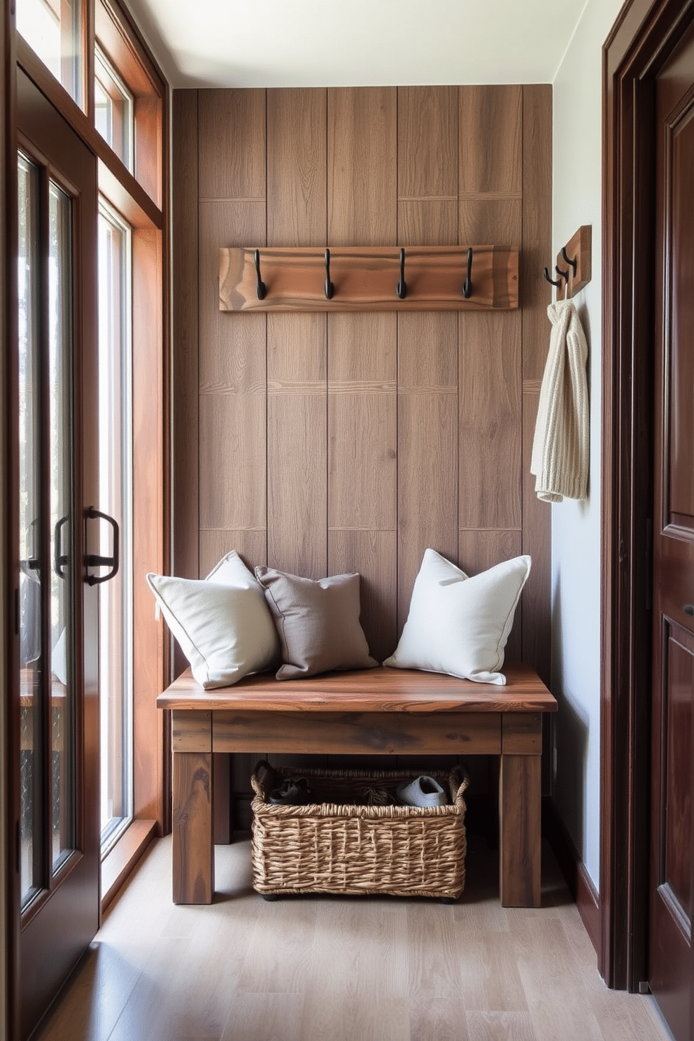 A small entryway featuring rustic wood accents creates a warm and inviting atmosphere. The space includes a reclaimed wood bench with plush cushions, complemented by a set of wall hooks made from aged barn wood. Natural light filters through a frosted glass door, illuminating the textured wood paneling. A woven basket sits beneath the bench, providing a stylish storage solution for shoes and accessories.