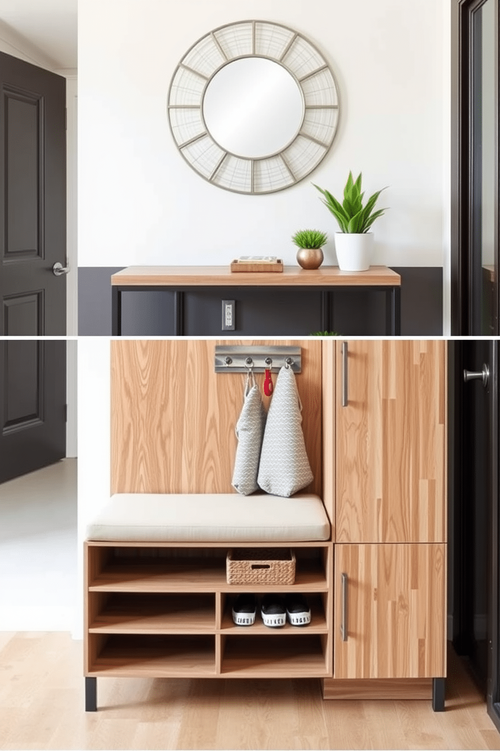 A stylish multi-functional entryway cabinet features a sleek design with a combination of open and closed storage. The cabinet is finished in a light oak wood, with a cushioned bench on top, providing a comfortable seating area and a place to put on shoes. In a small entryway, the design incorporates a compact console table against the wall, adorned with a decorative mirror above it. A few potted plants and a small basket for keys add a touch of greenery and organization, making the space feel inviting and functional.