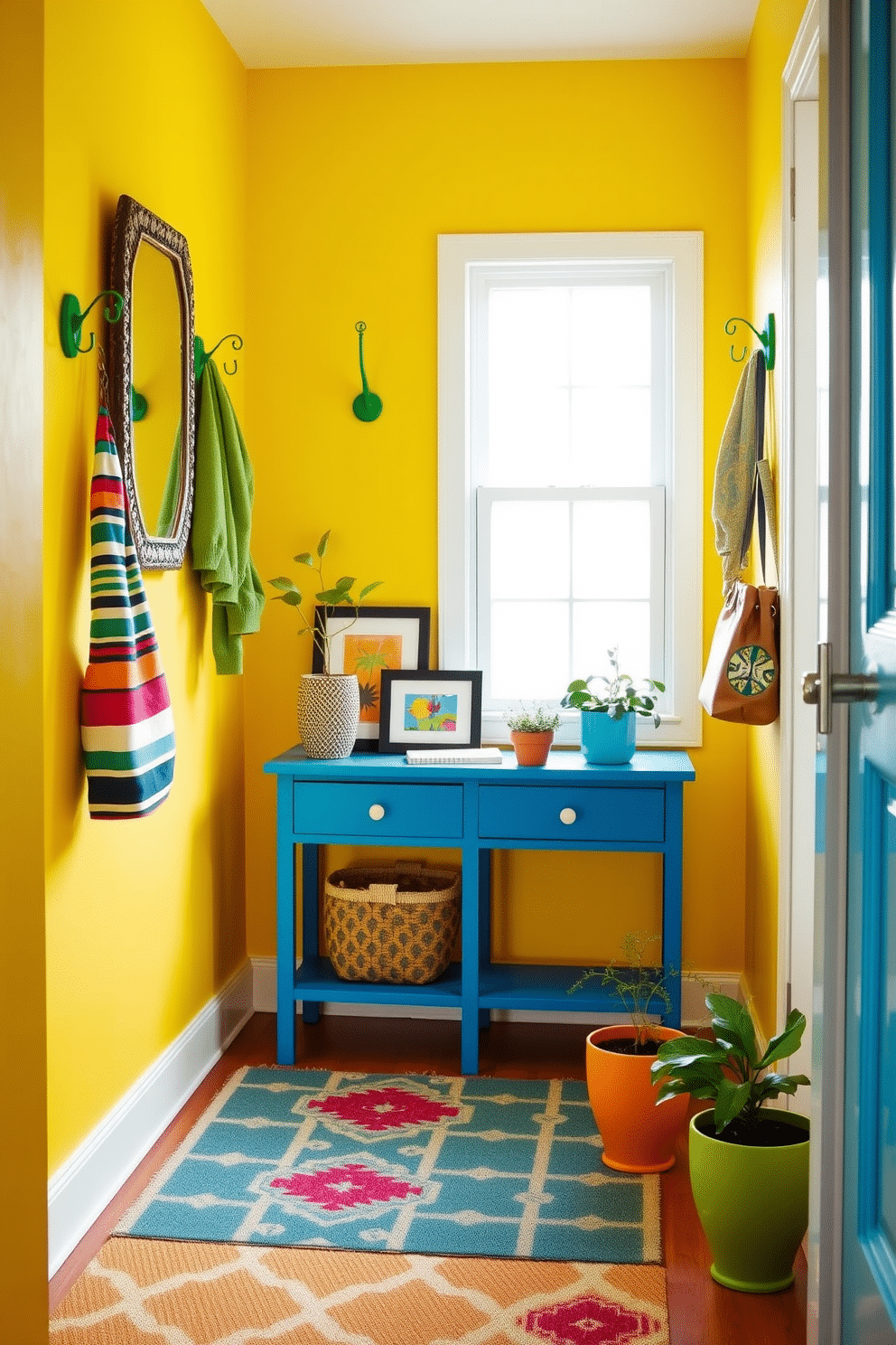 A small entryway filled with bright colors creates an inviting and cheerful atmosphere. The walls are painted in a vibrant yellow, complemented by a bold blue console table that holds a decorative mirror and colorful artwork. A playful area rug with geometric patterns adds warmth underfoot, while potted plants in bright ceramic pots bring life to the space. Hooks for coats and bags are mounted on the wall, finished in a lively green, enhancing the overall cheerful vibe.